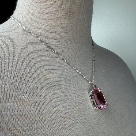 Pink Acrylic Pendant Silver Tone Chain Necklace 17 - 20.5" - Picture 3 of 5